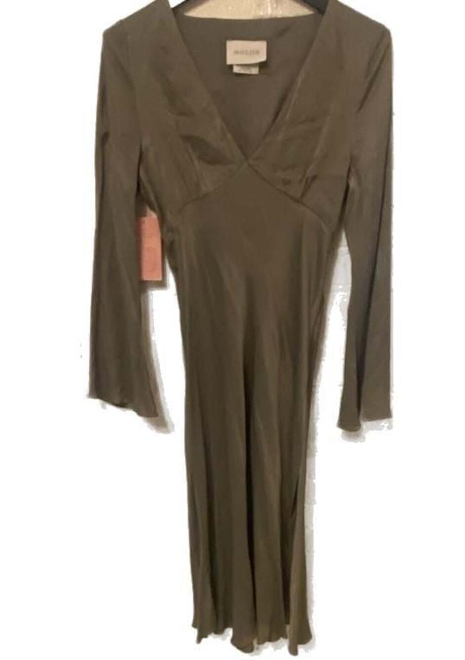 NWT BHLDN Anthropologie Avani Satin Olive Green V-Neck Long Sleeve Midi Dress S - Picture 2 of 8